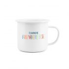 Multicoloured text quoting 'I'd Rather Be Anywhere Else' on a white enamel mug.