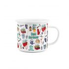 White enamel mug featuring a design of different gardening-themed items with the slogan 'Head Gardener'.