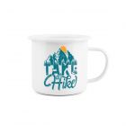 Enamel mug with the printed illustration of a hiker heading into the mountains.