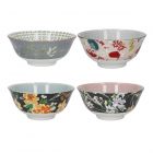 Contrasting ceramic bowls in a set of 4, with a bright floral print