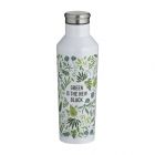 White insulated water bottle with green leaf design and text