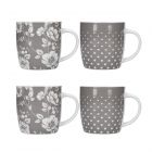 grey floral and dotty barrel style mugs