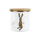 an enamel tea storage canister with a painted hare and dandelions