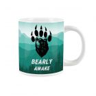 Massive white mug with a grizzly bear print and Bearly awake text