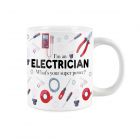 Massive white mug printed with electrician tex and tools
