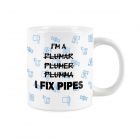 Giant stoneware mug printed with a plumber joke and pipe illustrations