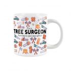 Extra large tree surgeon mug printed with comical text and tools used y arborists