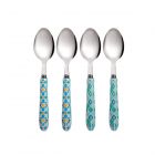 set of four stainless steel teaspoons with mint green patterned handles