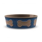 large melamine plastic dog food bowl with indigo bone pattern