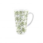 a white ceramic tall latte mug with a Christmas mistletoe print
