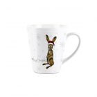 small white ceramic latte mug with a festive hare design