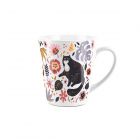 Ceramic latte mug with bohemian themed cat and flower and leaf print