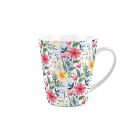 small white ceramic latte mug with a bright floral print