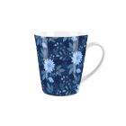 small ceramic latte mug with a dark blue floral design