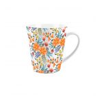 white ceramic latte style mug with an orange floral print