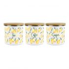 set of three tea, coffee and sugar kitchen storage canisters with a watercolour lemon pattern