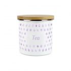 white and lilac polka dot tea storage canister with bamboo lid