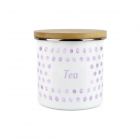 white and lilac polka dot tea storage canister with bamboo lid