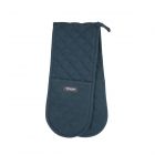 Dark blue double oven glove folded in half with quilted stitching.