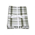Olive green tea towel with white and green stripe design