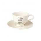 cream ceramic cup and saucer set with his lordship text and crown decoration