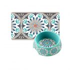 Carmel Medallion Melamine Pet Food Bowl & Placemat Set (Turquoise & Grey)