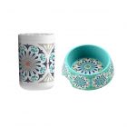 Carmel Medallion Melamine Pet Food Bowl & Treat Jar Set (Turquoise & Grey)