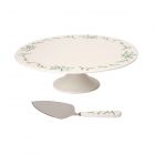 Dexam RHS Ivory Mistletoe Ceramic Cake Stand & Server Set