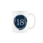 Ceramic mug with circular navy print and number 18