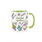 white mug with assistant gardener text and gardening tool pattern, with green handle and inner