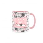 Ceramic mug with repeating cat faces and funny text