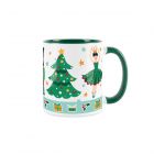 Christmas mug with white outer and green inner and handle, printed with a nutcracker, ballerina and Christmas tree