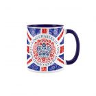 a navy blue Union Jack design ceramic mug with the official King Charles III emblem