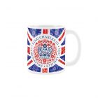 a white ceramic King Charles III coronation mug with a Union Jack design