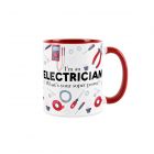 Red electrician mug with funny text and electrical tool print