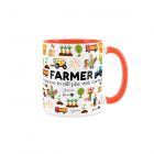 Orange inner ceramic mug with farming tools, equipment and produce print as well as comical text