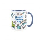 Blue mug with grandads gardening mug text and gardening tools