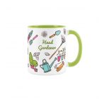 green and white ceramic mug with head gardener text and gardening tool pattern