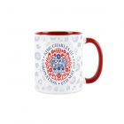 red and white ceramic mug with the official king charles coronation design
