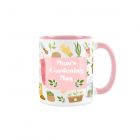 pink handled mug with mums gardening mug text and plant decoration