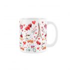 white ceramic mug with red and pink paris themed romantic pattern
