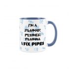 Ceramic mug with blue inner colour, printed with a plumber joke