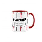 Red, white and black coloured ceramic mug with plumbing tools and comical text