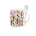 white ceramic mug with integrated spoon, with a nutcracker design
