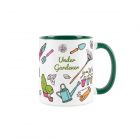 Gardening mug with under gardener text and cute gardening equipment illustrations