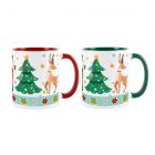 Christmas mug set with red and green mugs, printed with reindeers, tress and nutcrackers