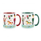 Ceramic mug set of red and green mugs, printed with nutcrackers, holly and rocking horses