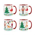 Set of 4 matching nutcracker Christmas mugs, with red interiors and handles
