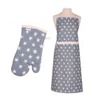 apron and single oven mitt made from organic cotton with a blue star pattern