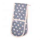 Double oven glove made from a pale blue organic cotton with cream star design and contrast binding